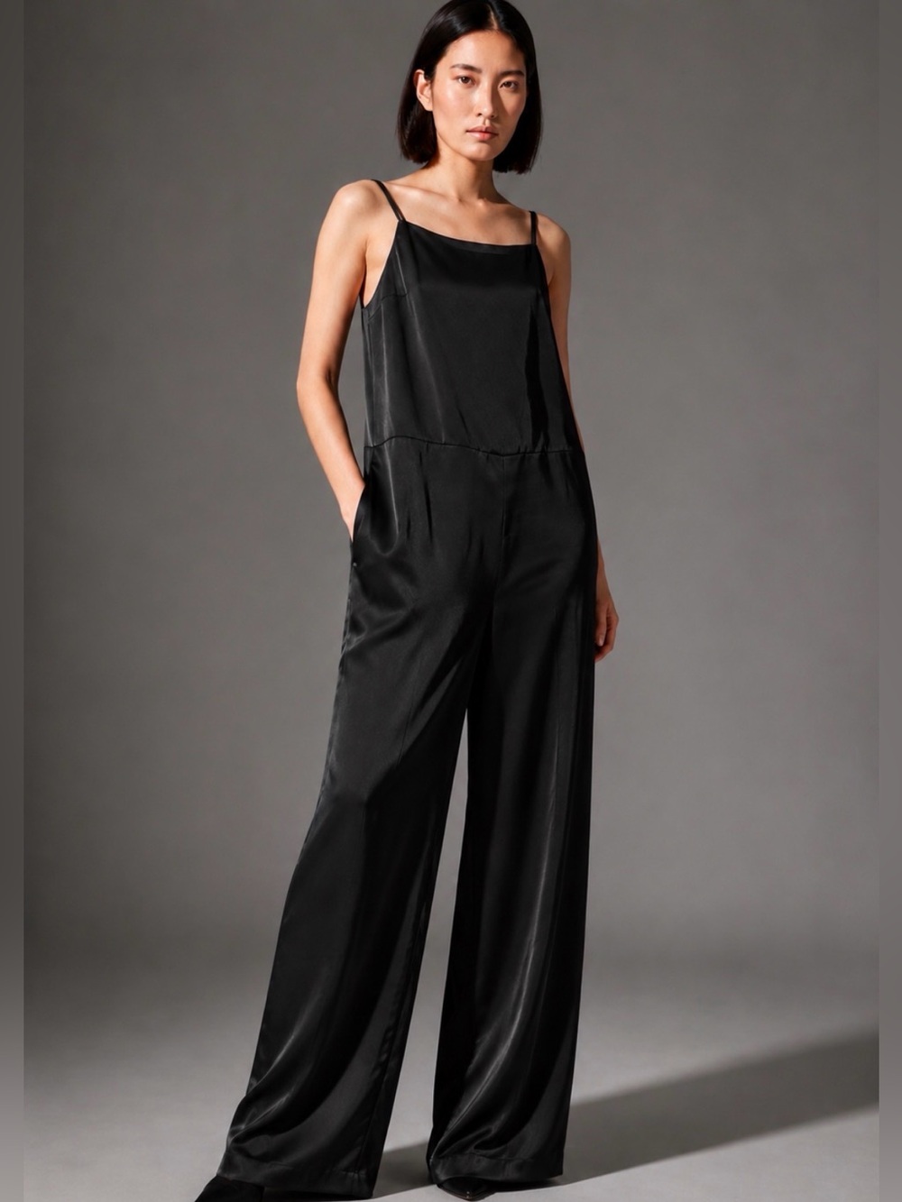 COS Double Strap Black Satin Wide Leg Jumpsuit Size 10